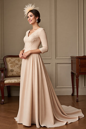 Apricot A Line 3/4 Sleeves Long Mother Of The Bride Dress With Lace